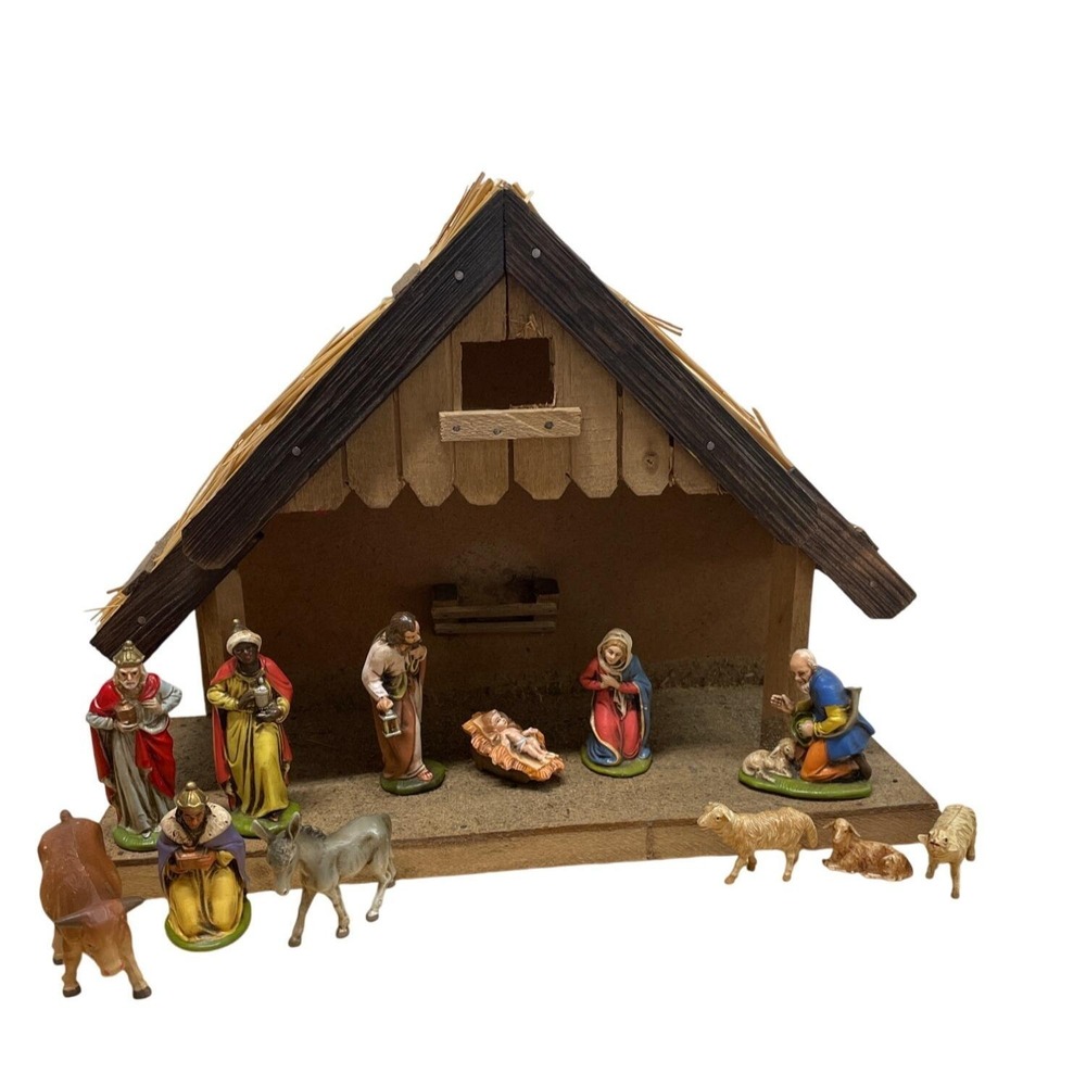 Vintage Nativity Scene Set With Hand-Painted Figurines & Wooden‎ Creche